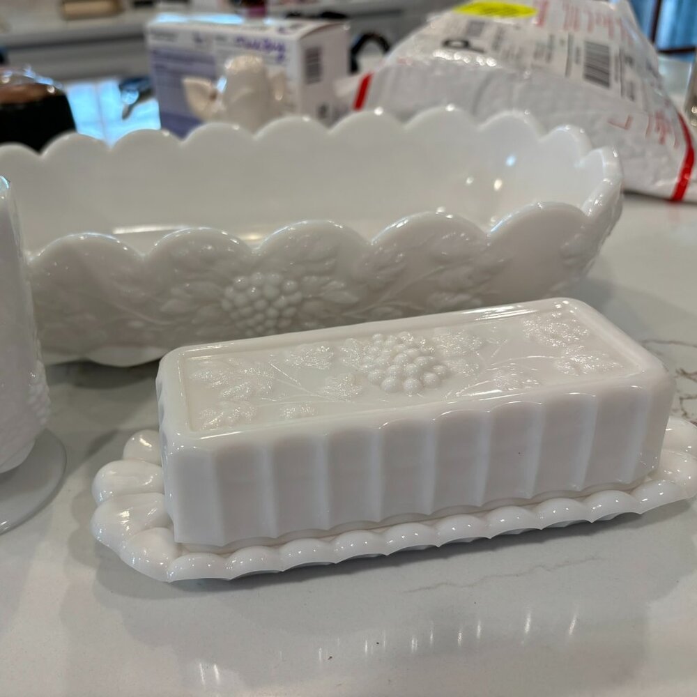 Westmoreland Milk Glass Butter Dish, Sugar Bowl & Candy Dish